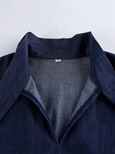 Tie front denim top back: dark blue shirt with gray lining and classic collar