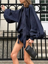 Navy blue oversized blouse with voluminous sleeves in Tie Front Denim Top and Shorts Set