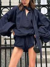 Navy blue oversized blouse with voluminous sleeves in Tie Front Denim Top and Shorts Set