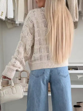 Cremefarbener, strukturierter Strick-Cardigan mit Knoten vorne und offenem Muster, mit geripptem Saum