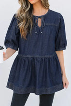 Tie Neck Babydoll Denim Top Navy Woman Denim Tops