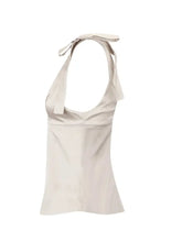 Beige tie shoulder satin cami with tied neckband and subtle seam detailing in white satin fabric