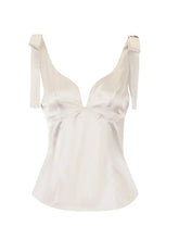 Cream satin tie shoulder camisole featuring tied shoulder straps and a gathered bodice in white satin fabric