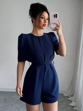 Navy blue puff sleeves tie waist short sleeve romper