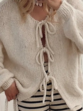 Cream Tied Long Sleeve Dropped Shoulder Knit Cardigan with Lace-Up Front
