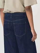 Dark blue denim tied loose fit flare jeans with high waist and visible stitching on back pockets shown from the back side