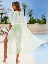 Tied plunge half sleeve cover up kaftan with V-neck and split hem