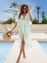 White Tied Plunge Half Sleeve Cover Up in tie-dye print