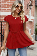 Women’s solid red short sleeve tied ruffled round neck peplum T-shirt