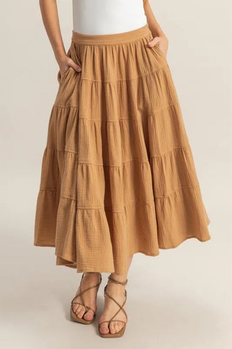Tiered Brown Midi Skirt in Soft Double Gauze with Pockets Camel