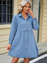 Light blue tiered button up long sleeve denim dress with front buttons in soft denim fabric