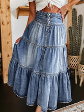 Tiered Denim Maxi Skirt in Basic Style Rayon Blend Medium