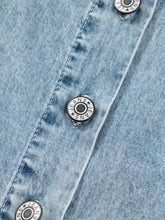 Light blue denim jacket with silver toned engraved buttons paired with tiered flowy overall denim dress machine wash care instructions