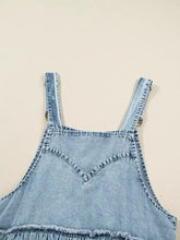 Light-wash denim dress tiered flowy overall with adjustable straps and frayed hem machine wash care instructions