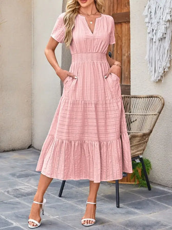 Tiered Notched Short Sleeve Dress Blush Pink Casual Dresses
