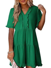 Tiered Notched Short Sleeve Mini Dress Dark Green Casual Dresses