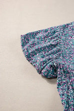 Tiered printed notched short sleeve floral midi dress with ruffled hem