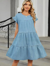 Light blue denim dress with tiered round neck short flutter sleeves made of soft denim material
