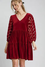 Tiered Velvet Mini Dress with Dotted Lace Sleeves Burgundy