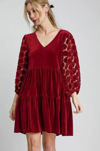 Tiered Velvet Mini Dress with Dotted Lace Sleeves Burgundy