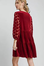 Tiered Velvet Mini Dress with Dotted Lace Sleeves