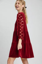 Tiered Velvet Mini Dress with Dotted Lace Sleeves