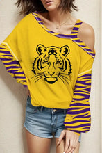 Tiger graphic asymmetrical neck long sleeve yellow top with purple stripes