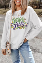 White corduroy long sleeve mardi gras yall pullover sweatshirt with green purple and gold graphic machine wash safe