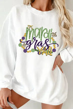 White corded ribbed pullover sweatshirt featuring a colorful mardi gras yall graphic with beads and fleur de lis, machine wash