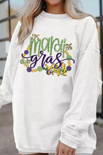 White corduroy mardi gras yall pullover sweatshirt with green purple and gold glitter lettering and fleur de lis designs machine wash safe