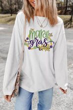 White corded ribbed long-sleeve pullover sweatshirt with green purple and gold mardi gras yall glitter graphic beads and butterflies machine wash safe