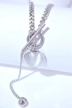 Silver-toned titanium steel heart necklace with opal pendant and toggle clasp