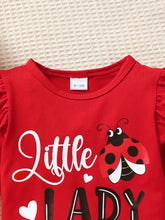 Red ladybug print toddler girl pants set with ruffled onesie, hat, shoes