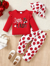 Toddler girl’s red ladybug print pants set with hat and shoes