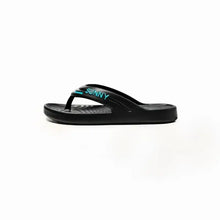Black toe post flats slippers with teal blue strap accent