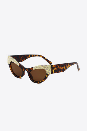 Tortoiseshell Cat Eye Sunglasses with Leopard Print and Rhinestone Trim Brown One Size
