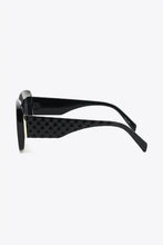 Tortoiseshell square polycarbonate UV400 sunglasses with black textured geometric lenses