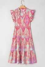 Tribal Paisley Print Ruffled Sleeve Notch Neck Midi Dress Casual Dresses