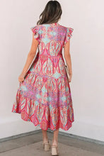 Tribal Paisley Print Ruffled Sleeve Notch Neck Midi Dress Casual Dresses