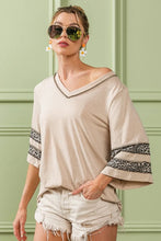 Triblend Knit Beige V-Neck Top with Leopard Band Sleeve Detail