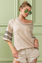 Triblend Knit Beige V-Neck Top with Leopard Band Sleeve Detail