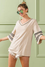 Triblend Knit Beige V-Neck Top with Leopard Band Sleeve Detail