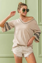 Triblend Knit Beige V-Neck Top with Leopard Band Sleeve Detail Woman T Shirts