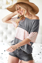 Triblend Knit Gray Top with Leopard Block Detailing CHARCOAL