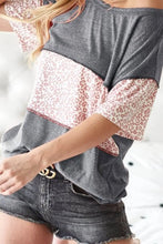 Triblend Knit Gray Top with Leopard Block Detailing