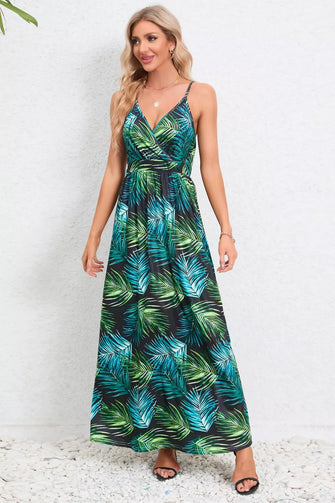 Tropical Green Leaf Maxi Dress with Waist Stretch Turquoise