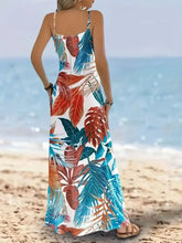 Tropical Leaf Printed Scoop Neck Maxi Cami Dress in Teal, Orange, Brown