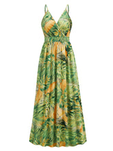 Tropical Print Maxi Dress with Waist Stretch in Green and Yellow