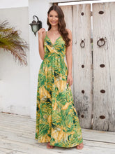 Tropical Print Maxi Dress with Waist Stretch in Green and Yellow