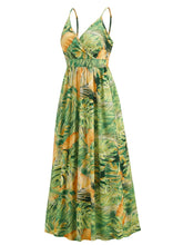 Tropical Print Maxi Dress with Waist Stretch in Green and Yellow
